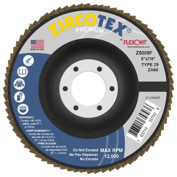 Flexovit Zircotex Premium Spin-On Coated Abrasive Flap Disc, 5 in Dia, 7/8 in Center Hole, ZA60 Grit, Coarse Z5005F - main